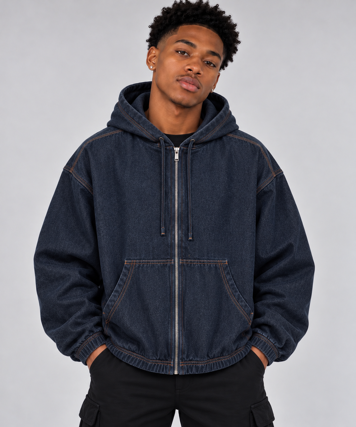 ORVAYNE Men’s Boxy Vintage Wash Hooded Denim Jacket